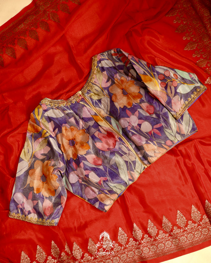 Banarasi Crepe Silk Saree with Floral Embroidered Blouse