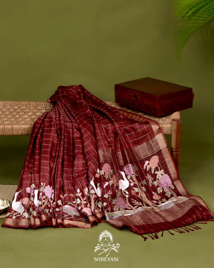 Pure Linen Tussar Silk Saree with Resham Embroidered Borders