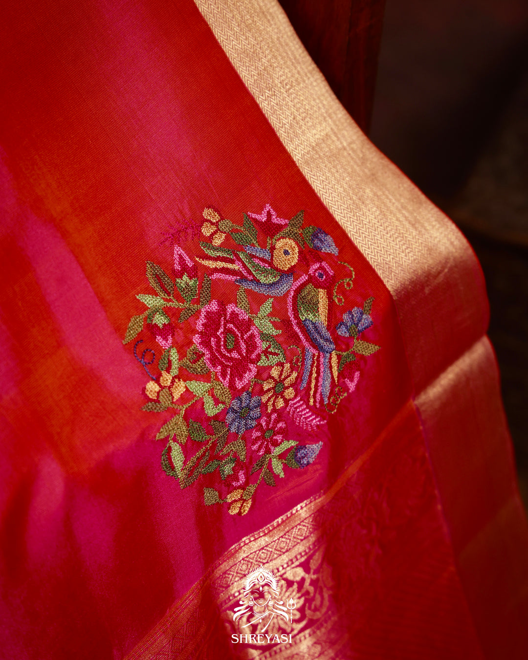 Handloom Pure Kanjivaram Soft Silk Saree with Petit Point Embroidered Floral Bird Clusters
