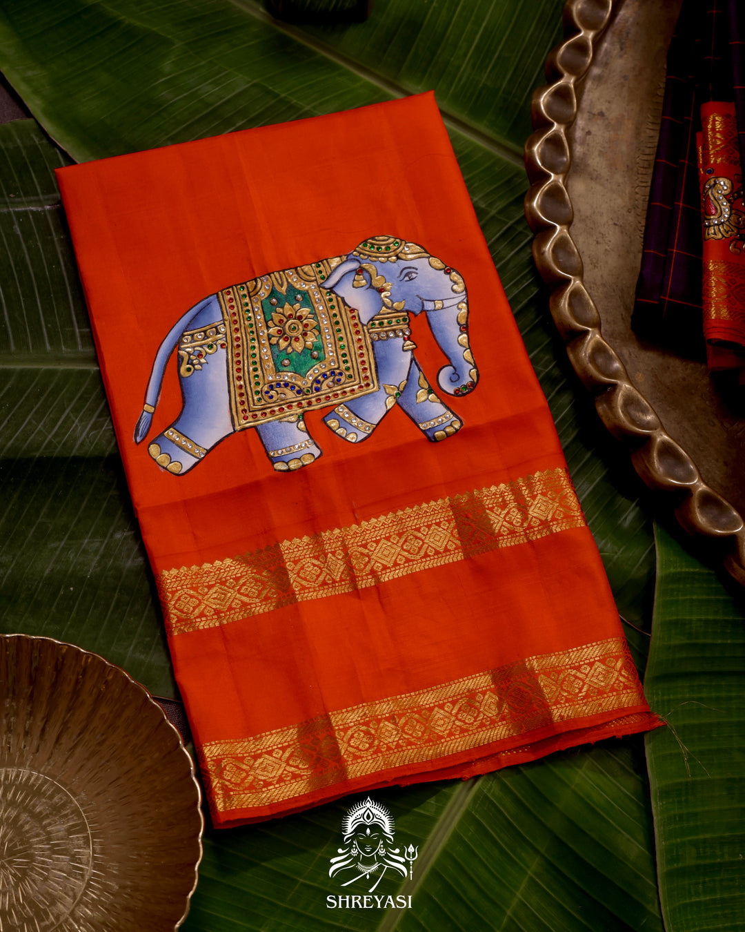 Handloom Pure Kanjivaram Silk Saree in Real Zari with Tanjore Yanai, Manga and Kamalam Artwork