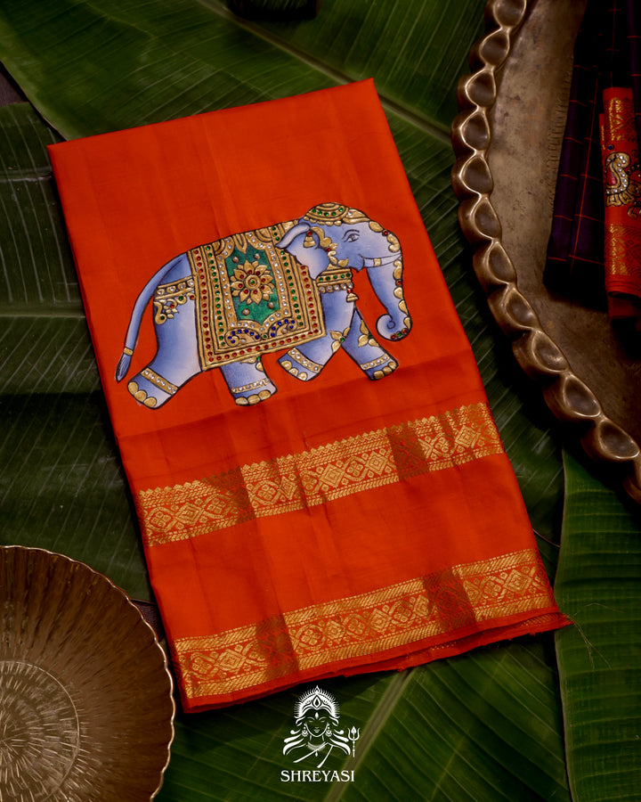 Handloom Pure Kanjivaram Silk Saree in Real Zari with Tanjore Yanai, Manga and Kamalam Artwork
