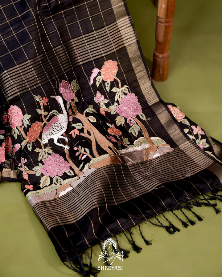 Pure Linen Tussar Silk Saree with Resham Embroidered Borders