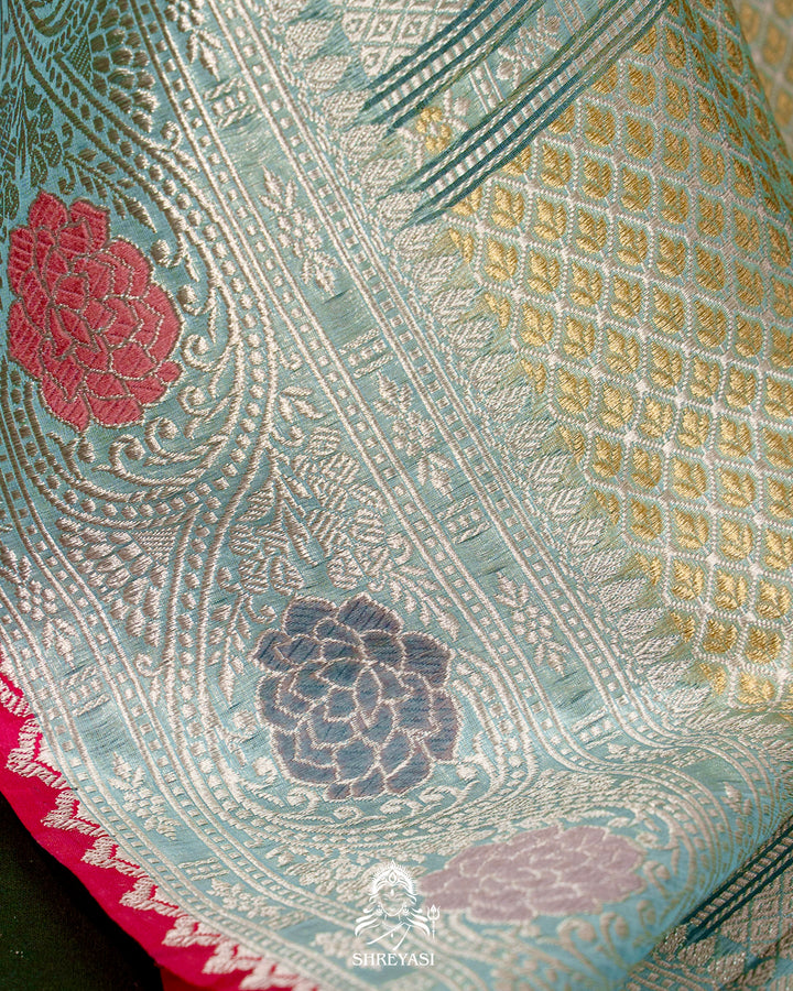 Handloom Pure Banarasi Ektara Kora Silk Saree with Meenakari Weaving & Embroidered Blouse