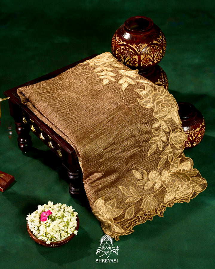 Handloom Pure Banarasi Crushed Tissue Silk Saree with Appliqué Borders