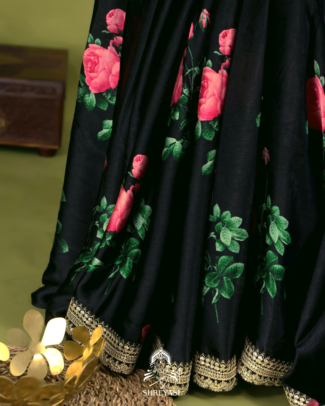 Black Chinon Satin Floral Saree with Embroidered Border