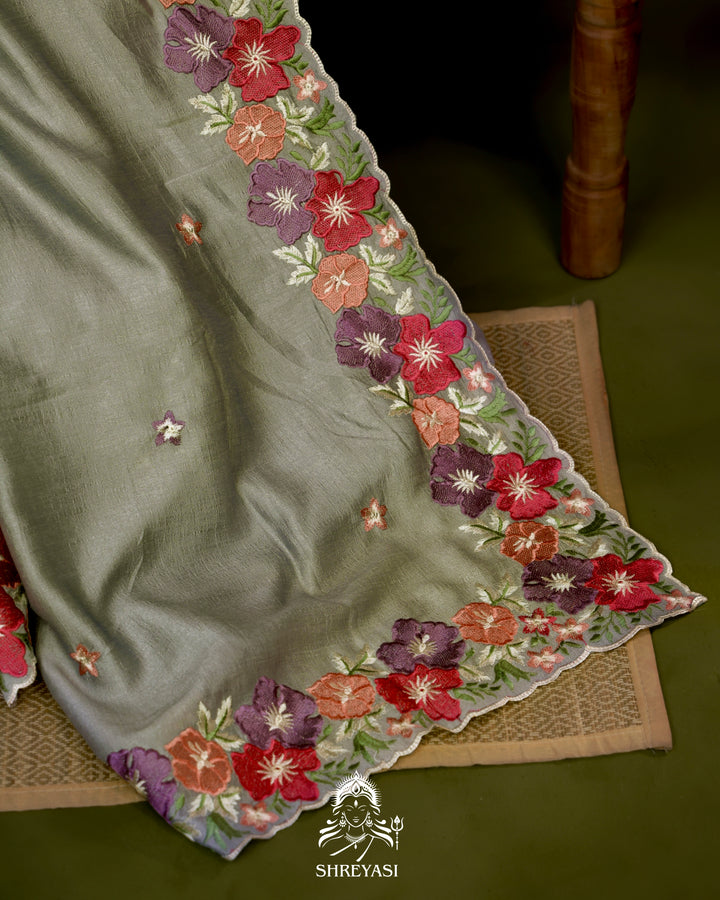 Tussar Silk Saree with Resham Floral Embroidery Border