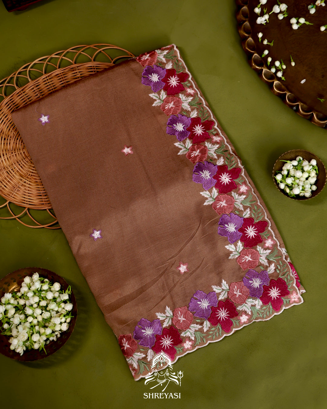Tussar Silk Saree with Resham Floral Embroidery Border
