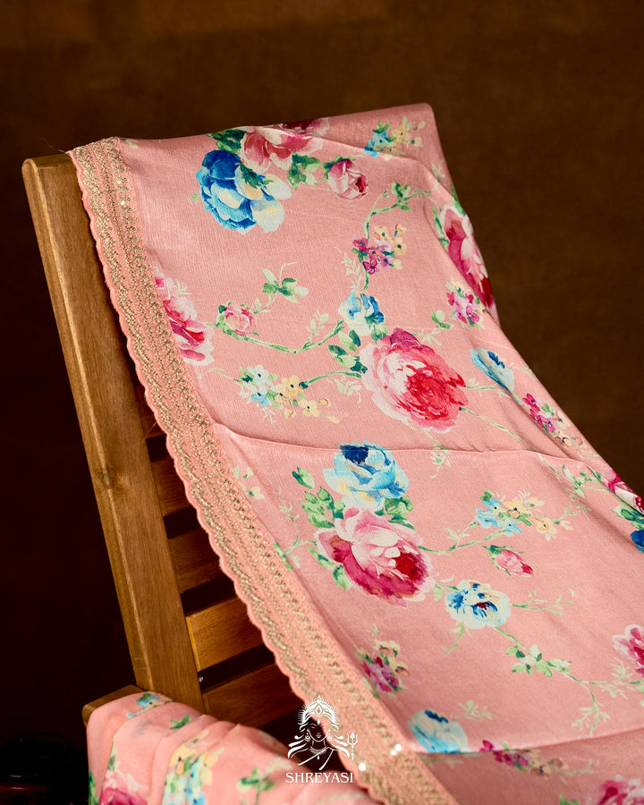 Pure Chinon Satin Saree with Floral Print & Embroidered Scallop Borders
