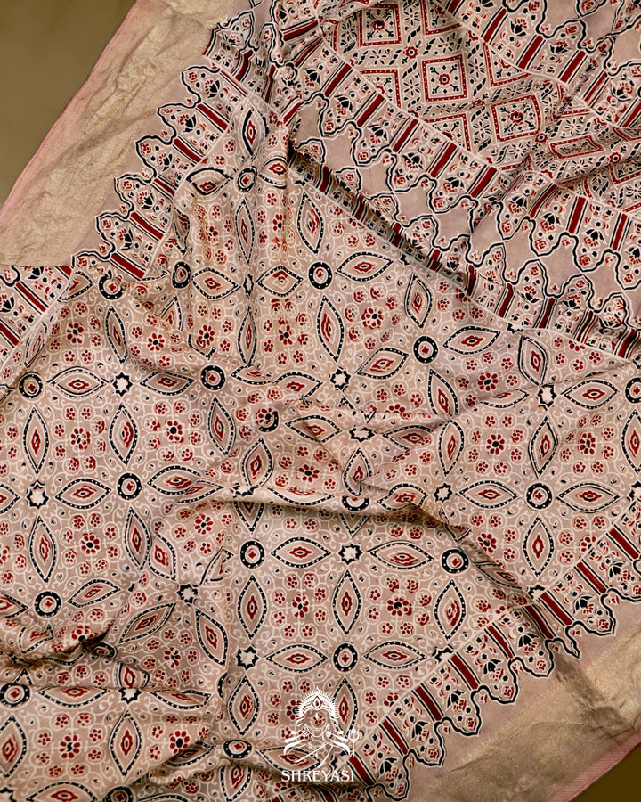 Hand Block Printed Ajrakh Dola Silk Saree with Zari Brocade Blouse