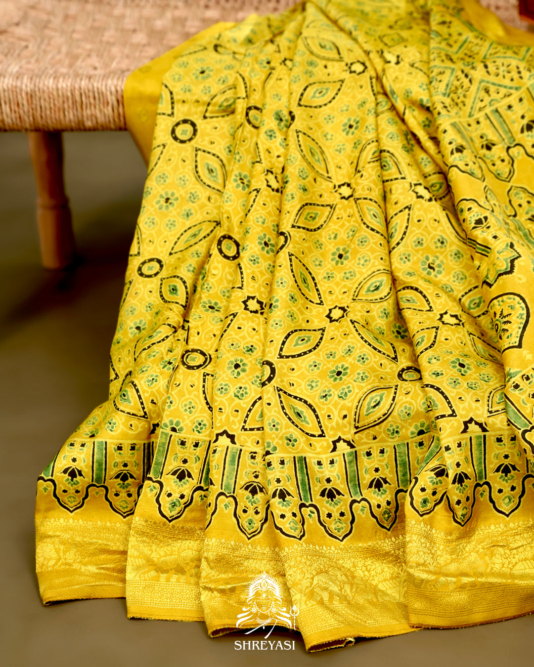 Hand Block Printed Ajrakh Dola Silk Saree with Zari Brocade Blouse