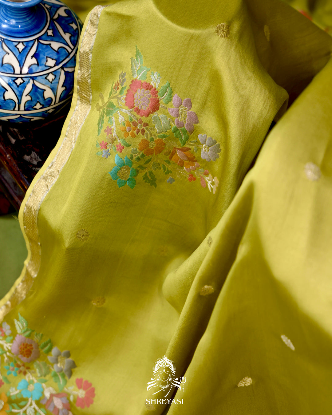 Handloom Pure Mashru Silk Saree with Sona Rupa Meenakari Bhutis and Nakshi Pallu