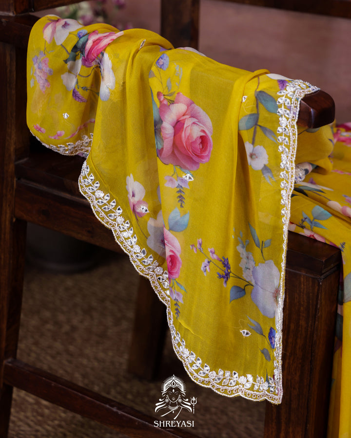 Floral Georgette Saree with Mirror Work Embroidery