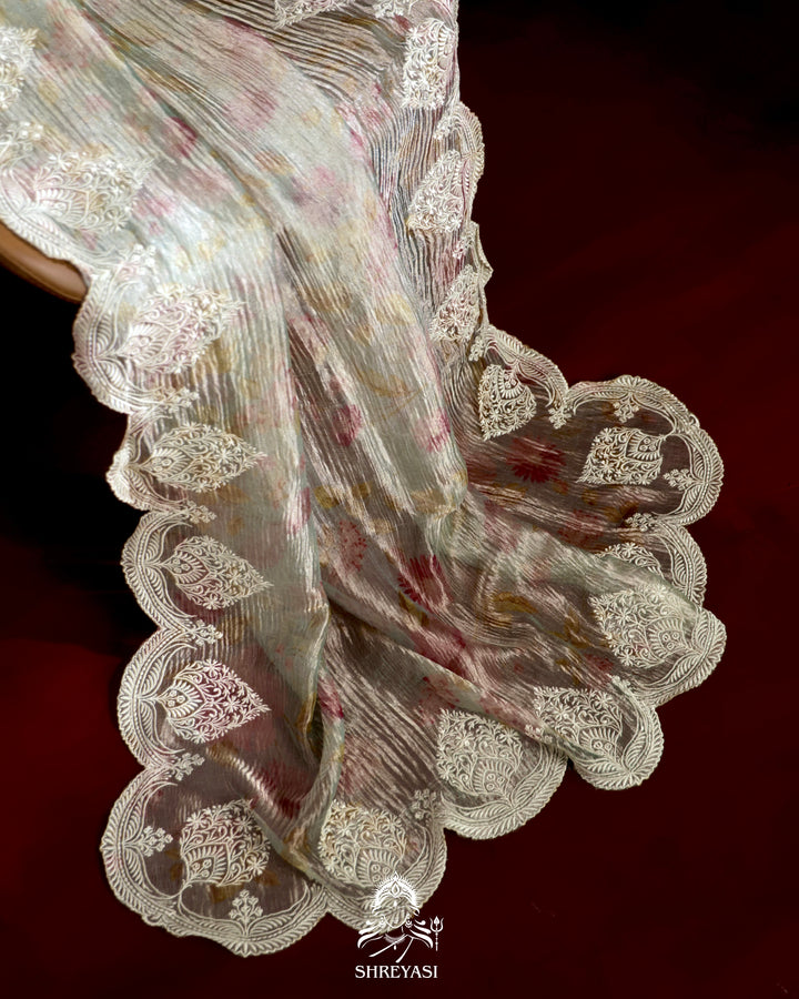 Pure Banarasi Crushed Tissue Saree with Scalloped Embroidery