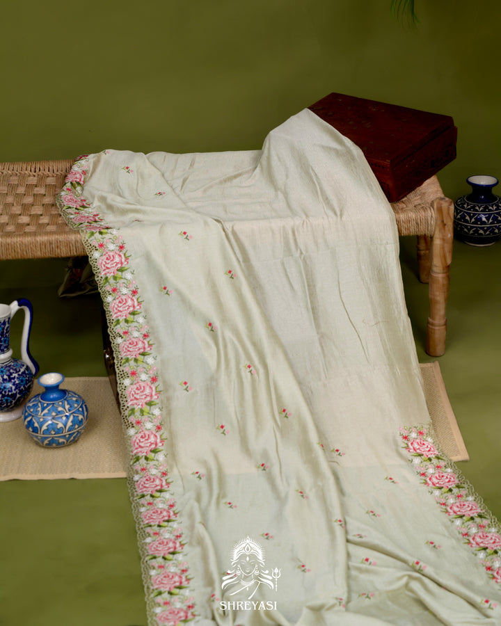 Tussar Silk Saree with Petit Point Embroidery