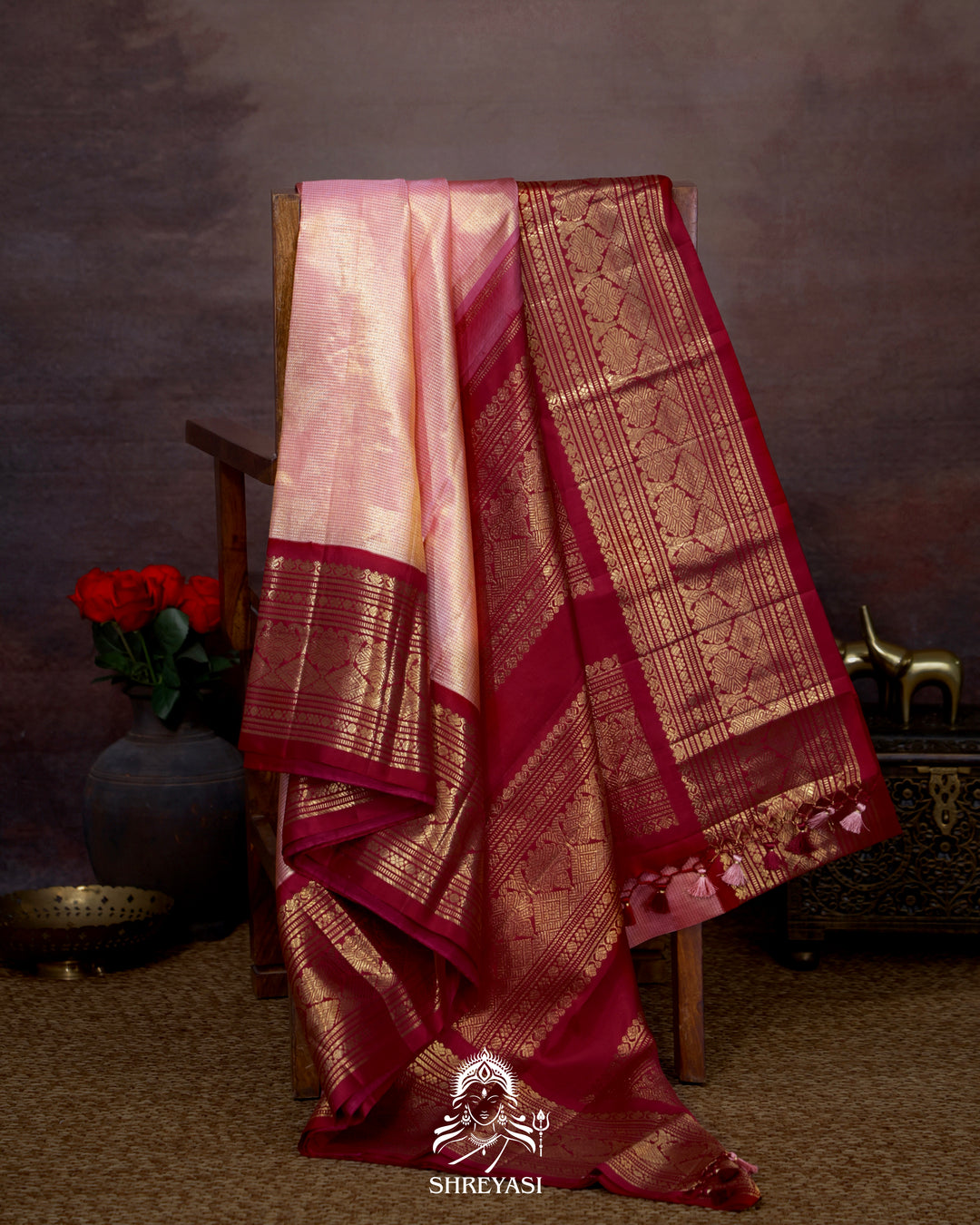 Handloom Pure Kanjivaram Tissue Silk Saree in Vairoosi Weaving with Real Zari
