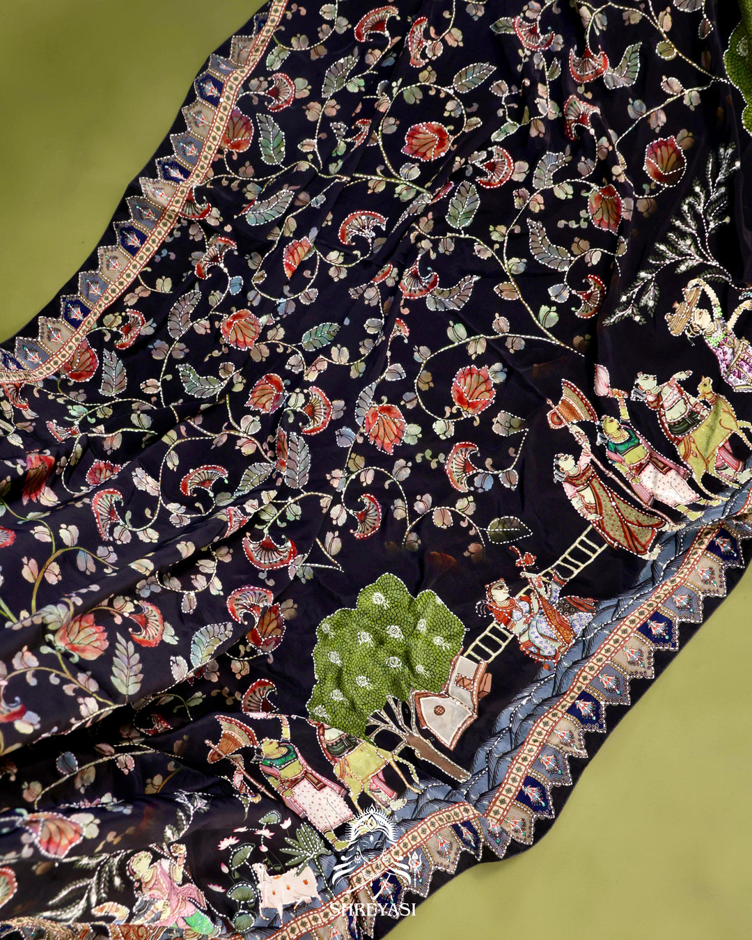 Pure Crepe Silk Saree with Kantha Embroidery