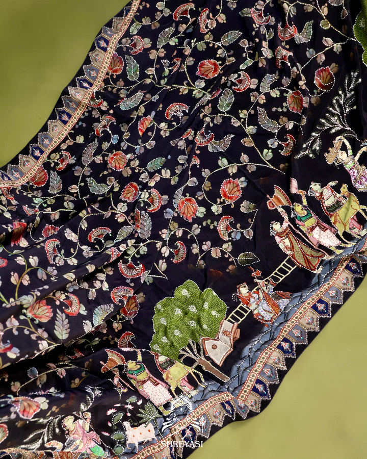 Pure Crepe Silk Saree with Kantha Embroidery