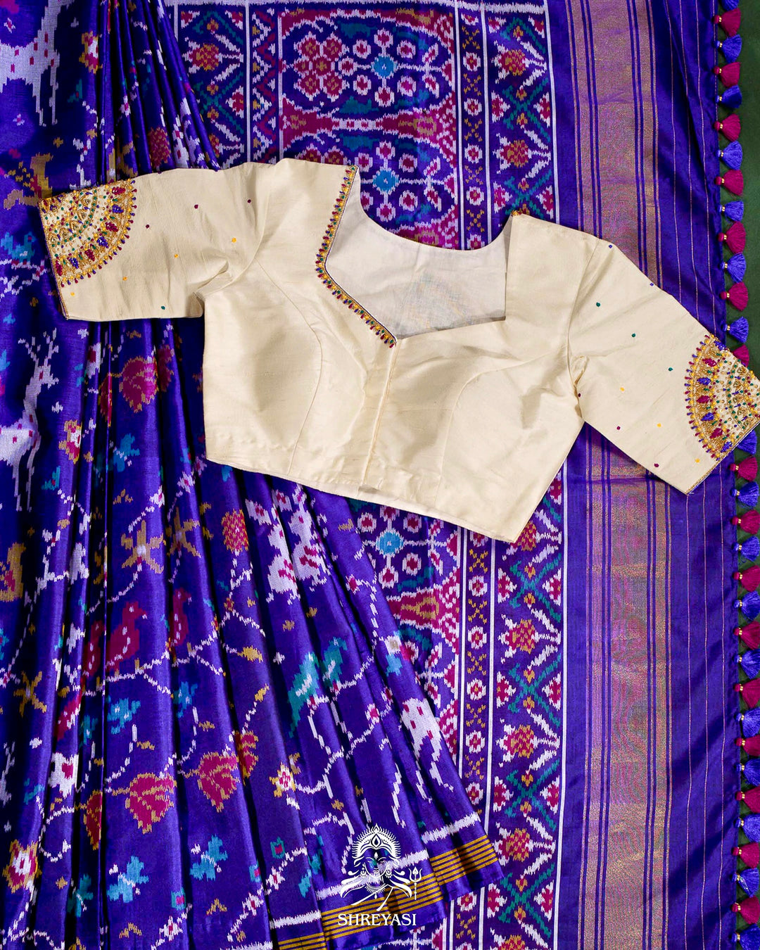 Handloom Pure Rajkot Single Ikat Patola Silk Saree with Hand-Embroidered Raw Silk Blouse