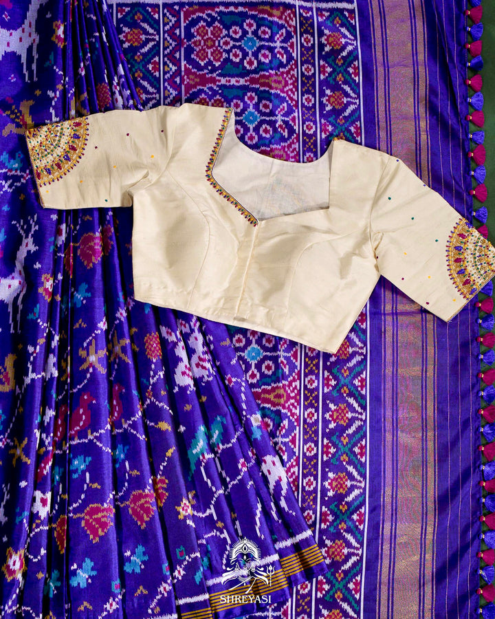 Handloom Pure Rajkot Single Ikat Patola Silk Saree with Hand-Embroidered Raw Silk Blouse
