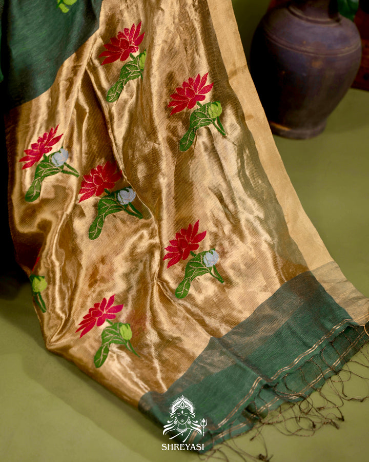 Handloom Silk Linen Jamdani Saree with Tissue Paithani Pallu