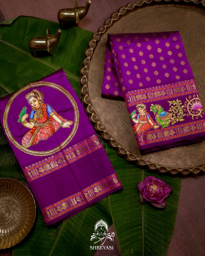 Handloom Pure Kanjivaram Silk Saree in Real Zari with Tanjore Madhura Meenakshi, Mayil and Kamalam Artwork
