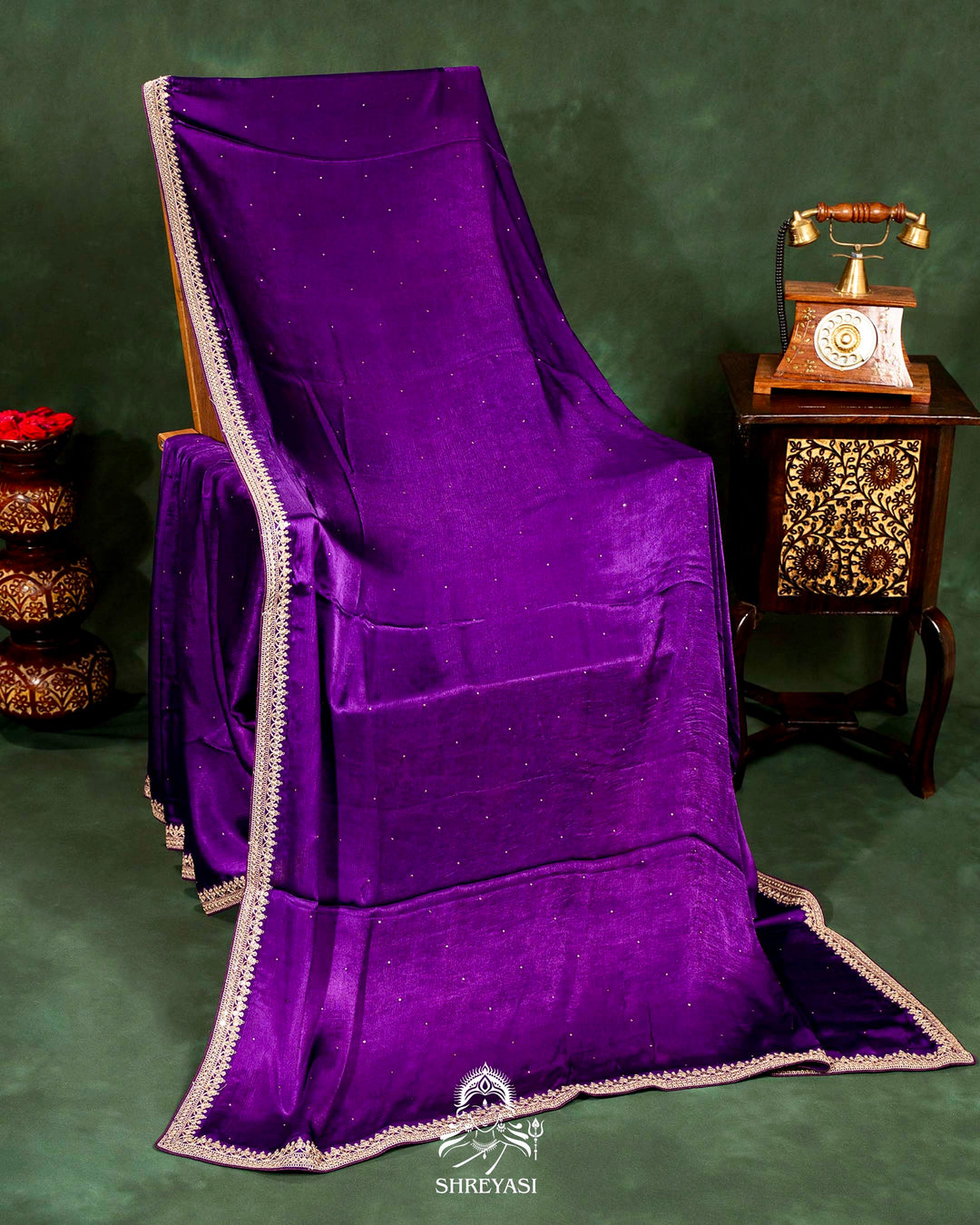 Pure Crepe Satin Saree with Embroidered Borders and Fully Embroidered Blouse
