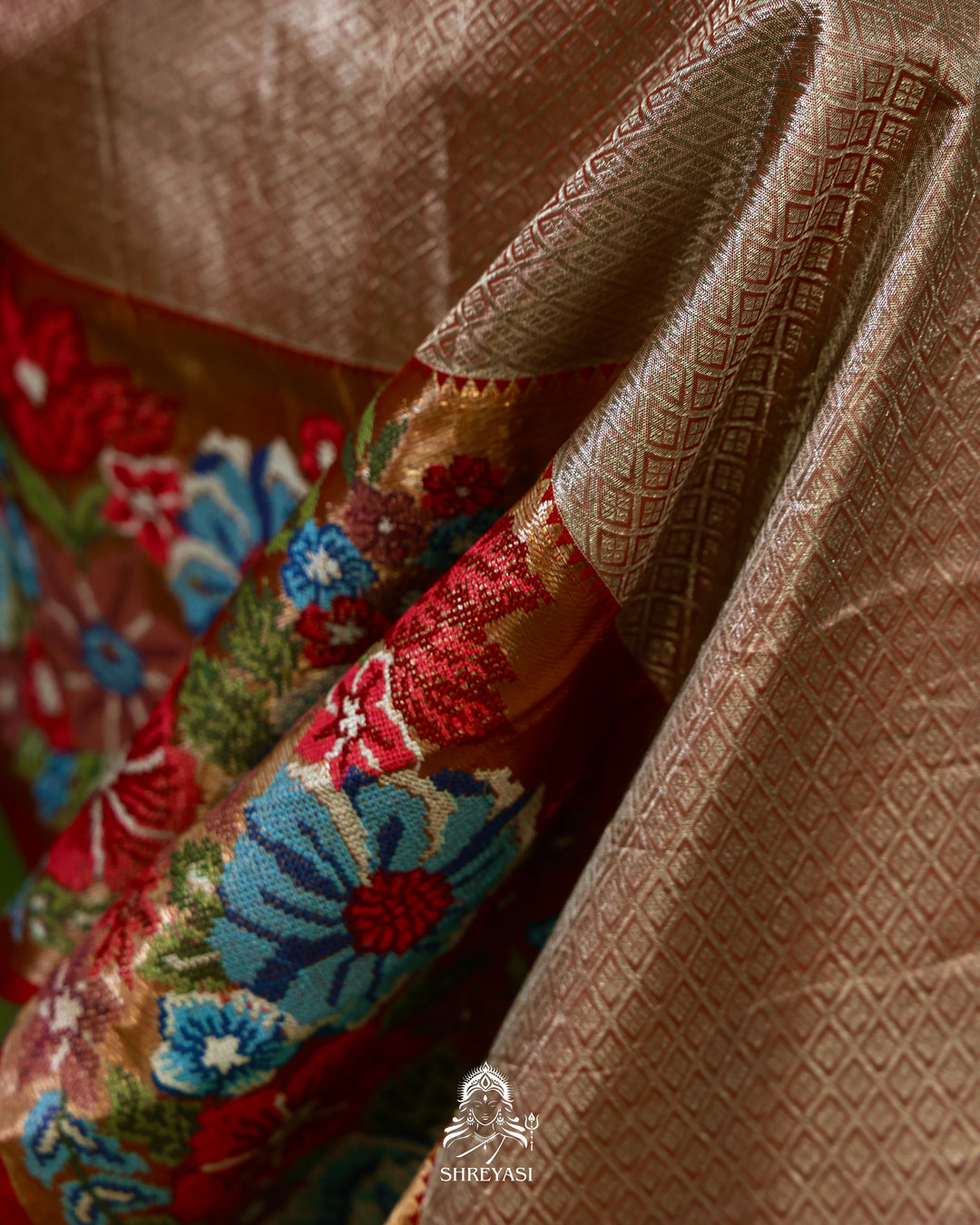 Handloom Pure Kanjivaram Tissue Silk Saree with Petit Point Embroidered Borders