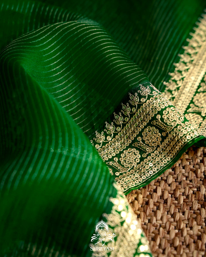 Pure Organza Silk Saree in Emerald Green with Embroidered Border