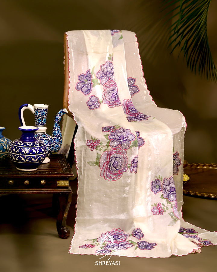 Glass Tissue Saree with Floral Print and  Embroidery