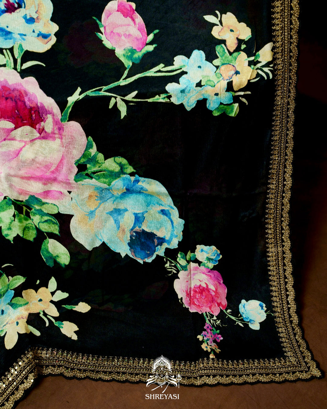Pure Chinon Satin Saree with Floral Print and Embroidered Borders