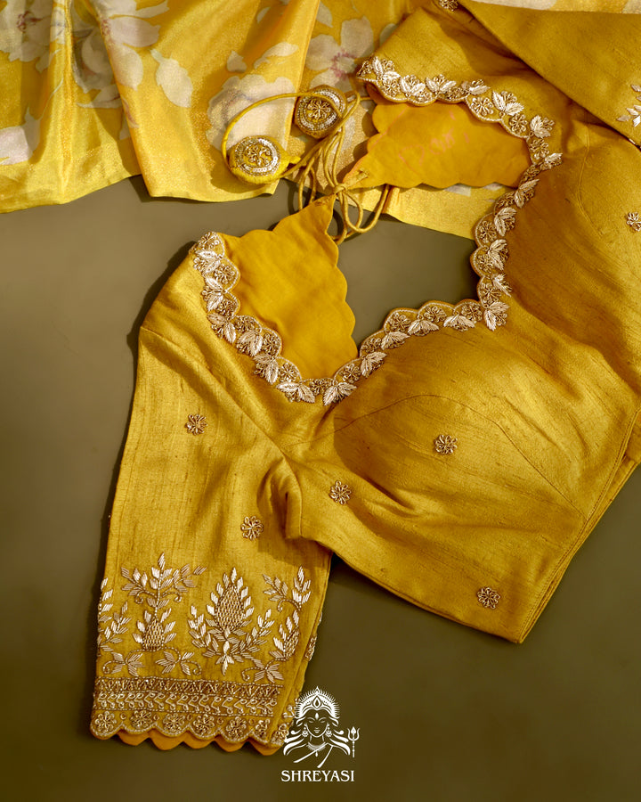 Yellow Floral Banarasi Ektara Tissue Silk Saree with Embroidered Blouse