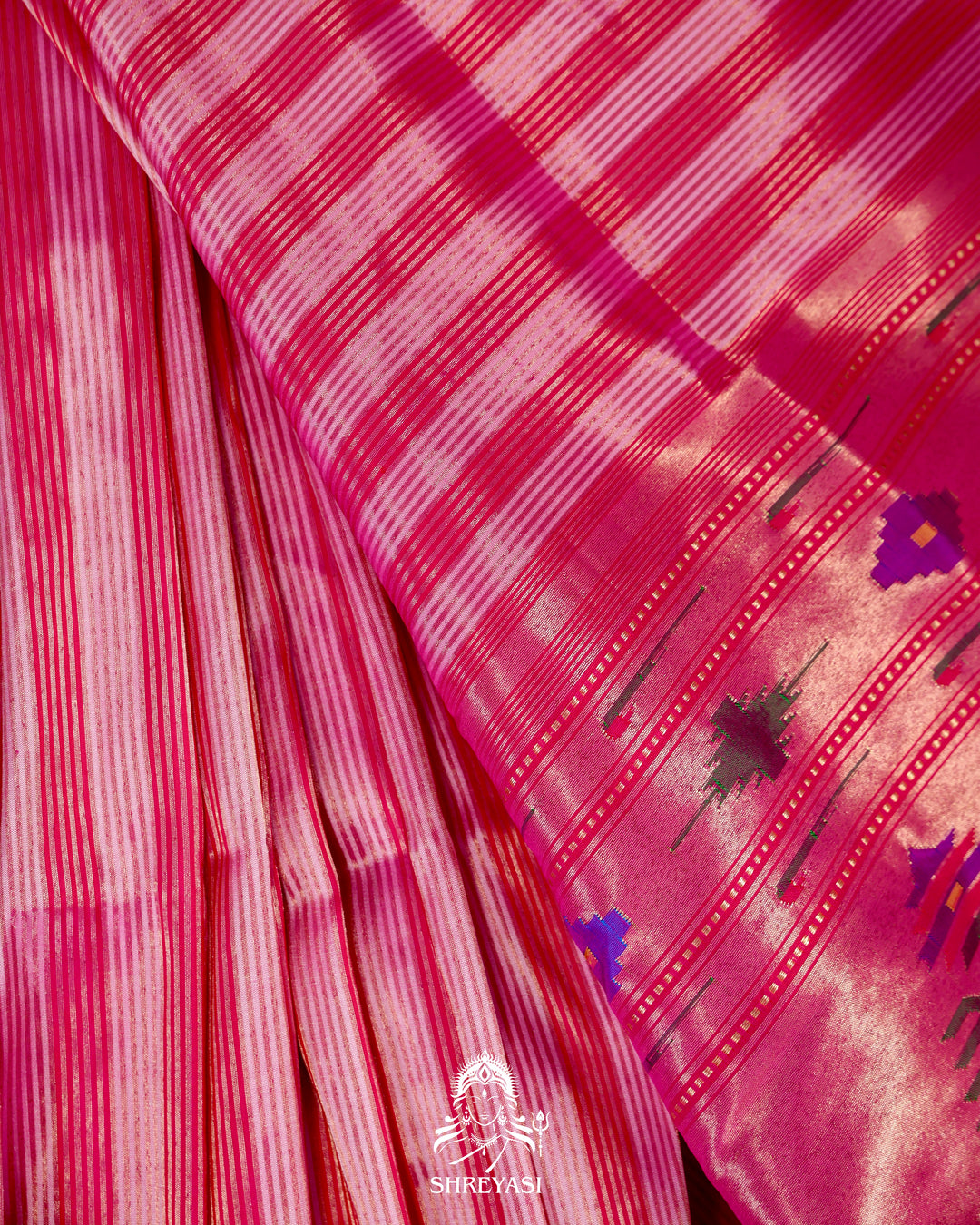 Paithani Silk Saree with Zari Line Weaving and Traditional Asawali Pallu