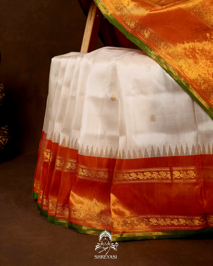 Handloom Pure Gadwal Silk Saree with Tissue Kuttu Border and full Bhuti Silk Blouse