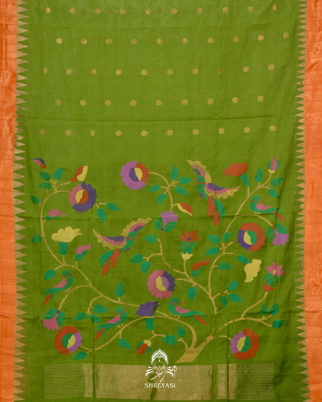 Handwoven Pure Ponduru Khadi Jamdani Saree in Fresh Leaf Green with Woven Floral & Bird Pallu