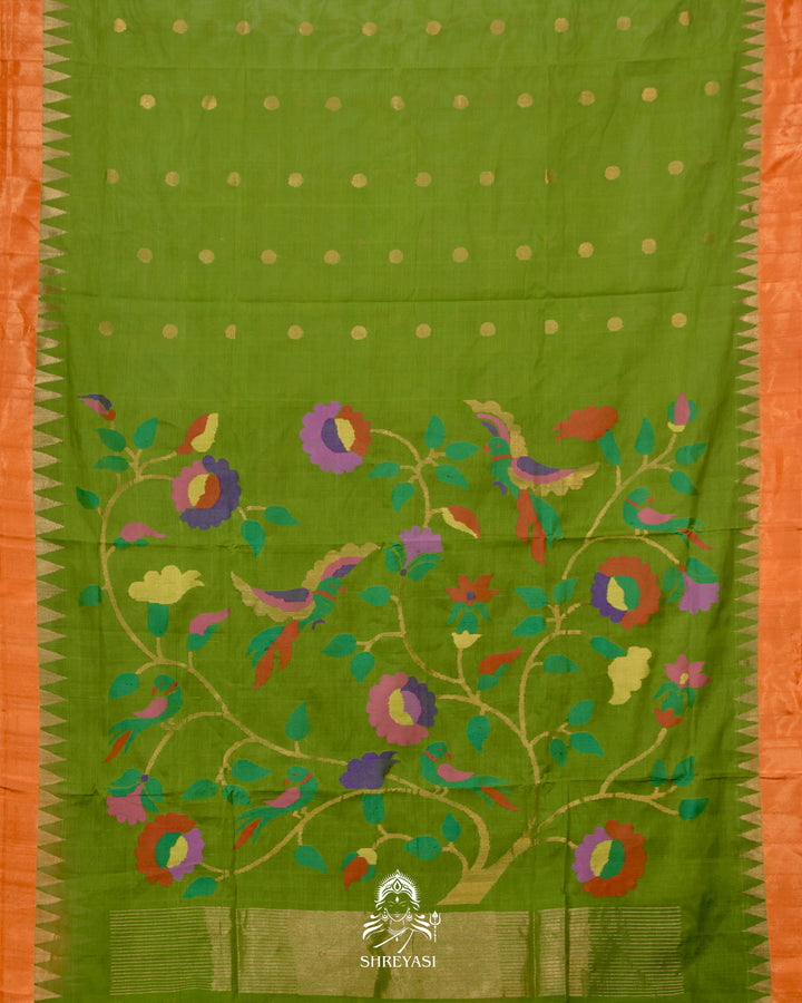 Handwoven Pure Ponduru Khadi Jamdani Saree in Fresh Leaf Green with Woven Floral & Bird Pallu
