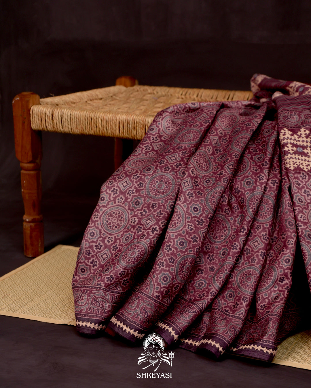 Ajrakh Silk Saree with Kutch Embroidery and Mirror Work