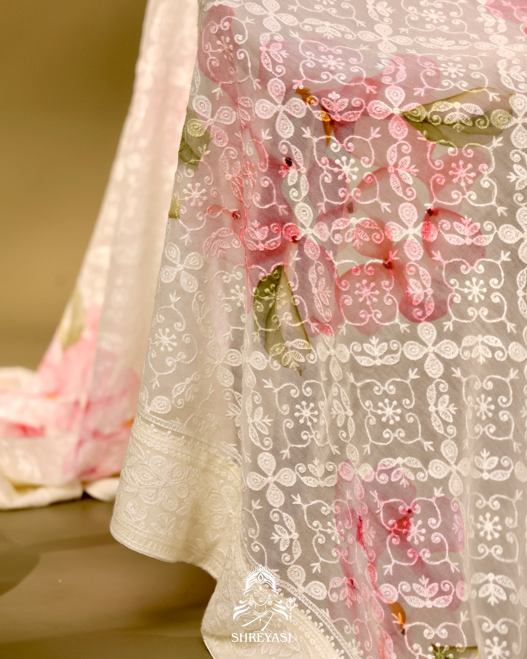 Georgette floral saree with chikankari embroidery