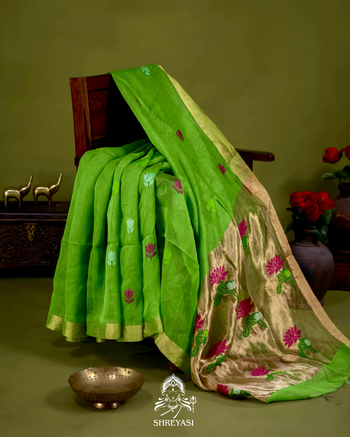 Handloom Silk Linen Jamdani Saree with Tissue Paithani Pallu