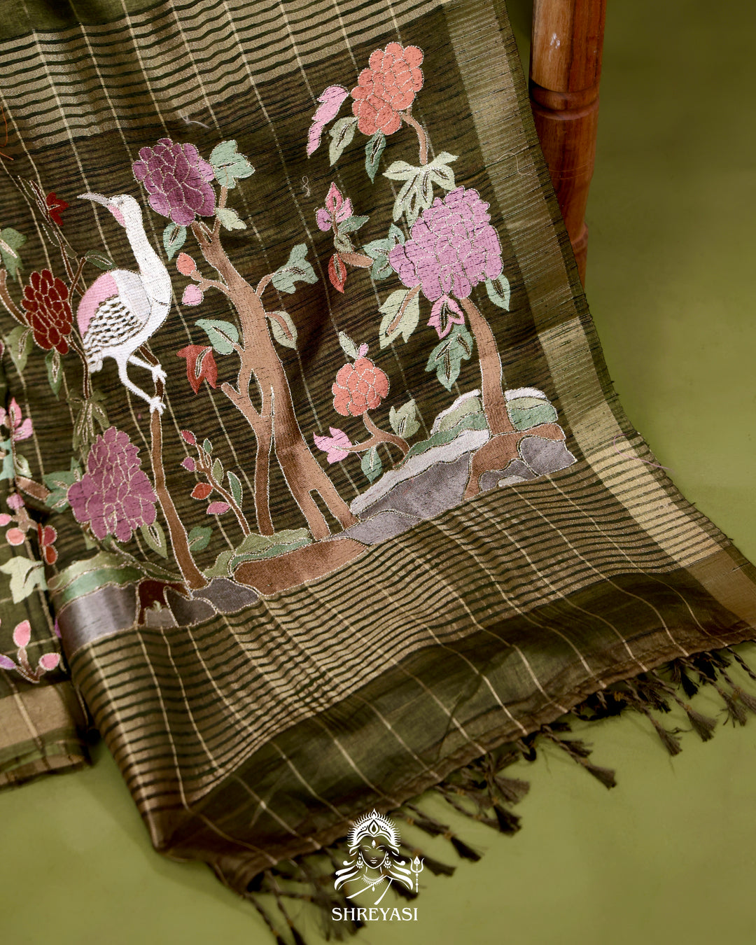 Pure Linen Tussar Silk Saree with Resham Embroidered Borders