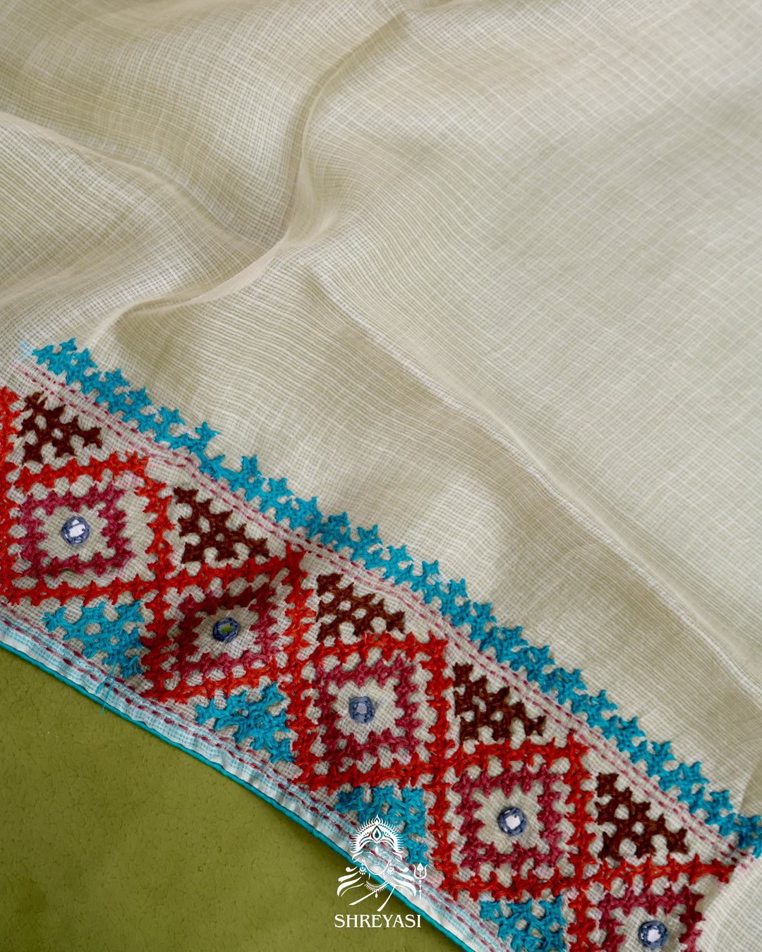 Handloom Pure Tussar Kota Saree with Kutch Hand Embroidery and Mirror Work
