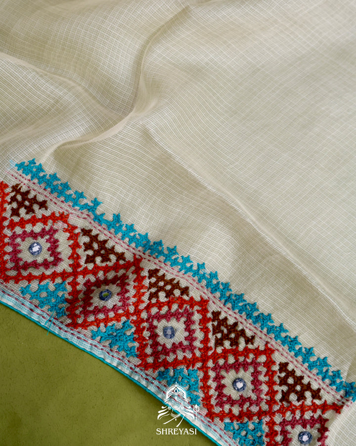 Handloom Pure Tussar Kota Saree with Kutch Hand Embroidery and Mirror Work