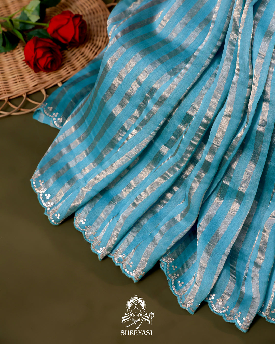 Chanderi Tissue Silk Saree with Pita Embroidered Borders and Gota Patti Embroidered Floral Blouse