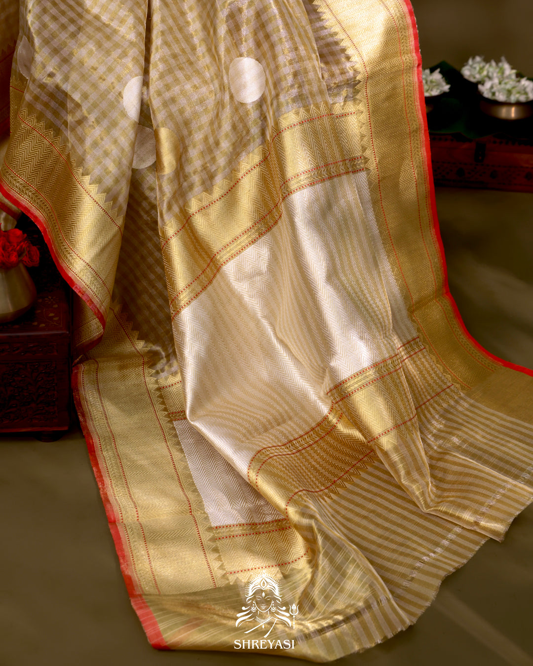 Banarasi Tissue Silk Saree in Kadhwa Weaving with Zari Polkas and Contrast Selvedge