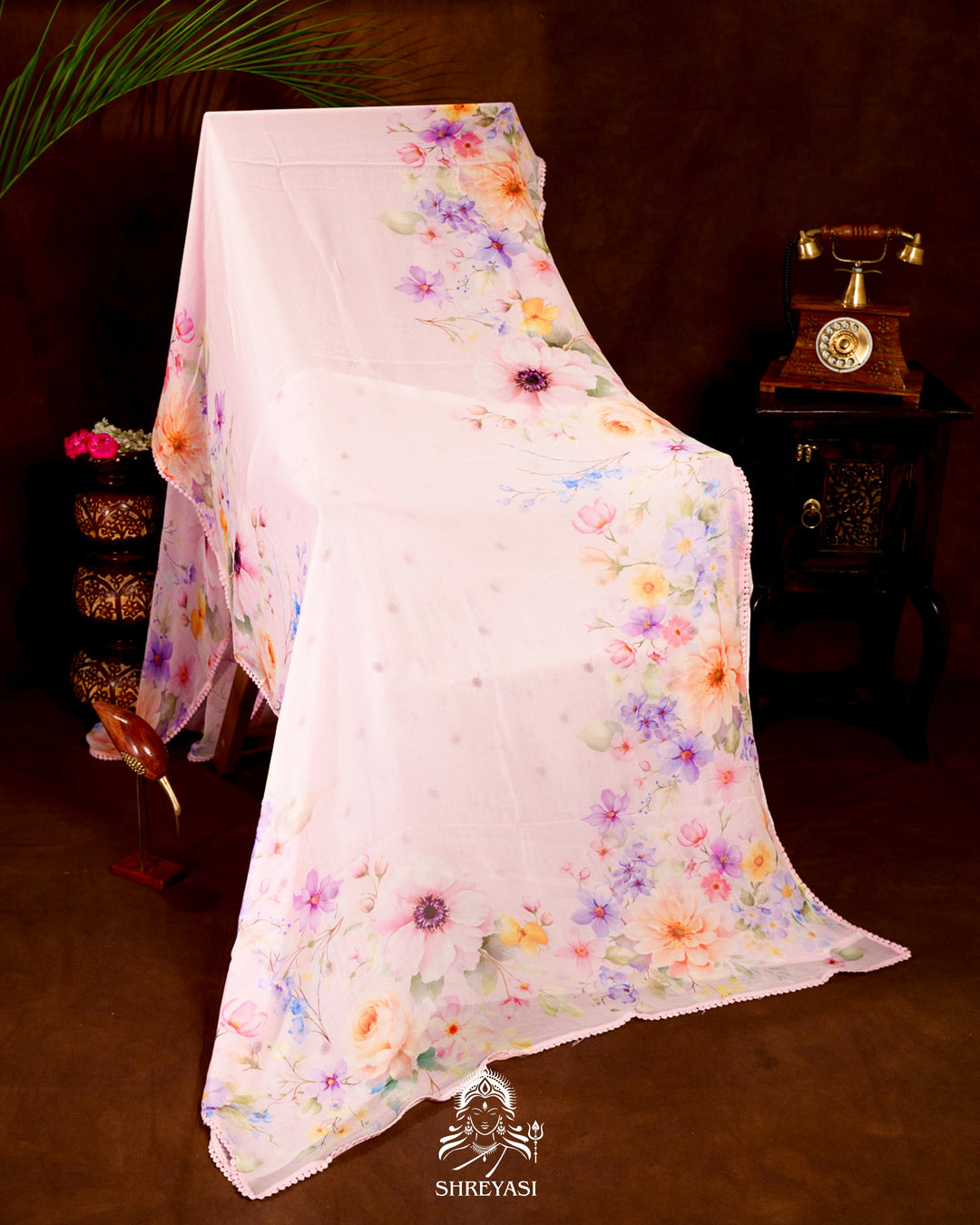 Pure Chiffon Floral Saree with Crochet Embroidery Border