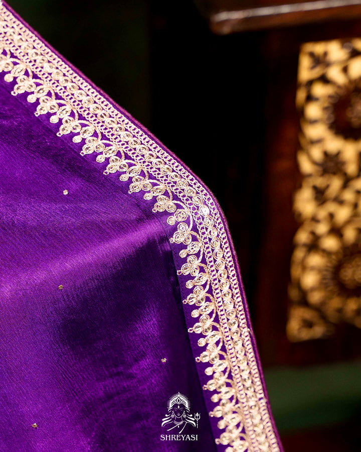 Pure Crepe Satin Saree with Embroidered Borders and Fully Embroidered Blouse