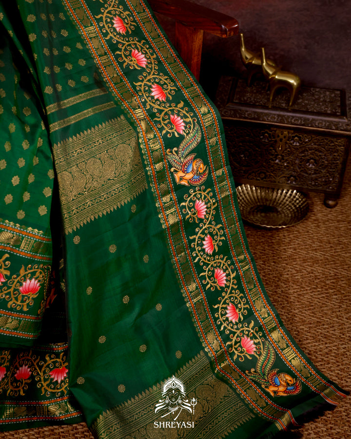 Handloom Pure Kanjivaram Silk Saree in Real Zari with Tanjore Kili and Kamalam Artwork