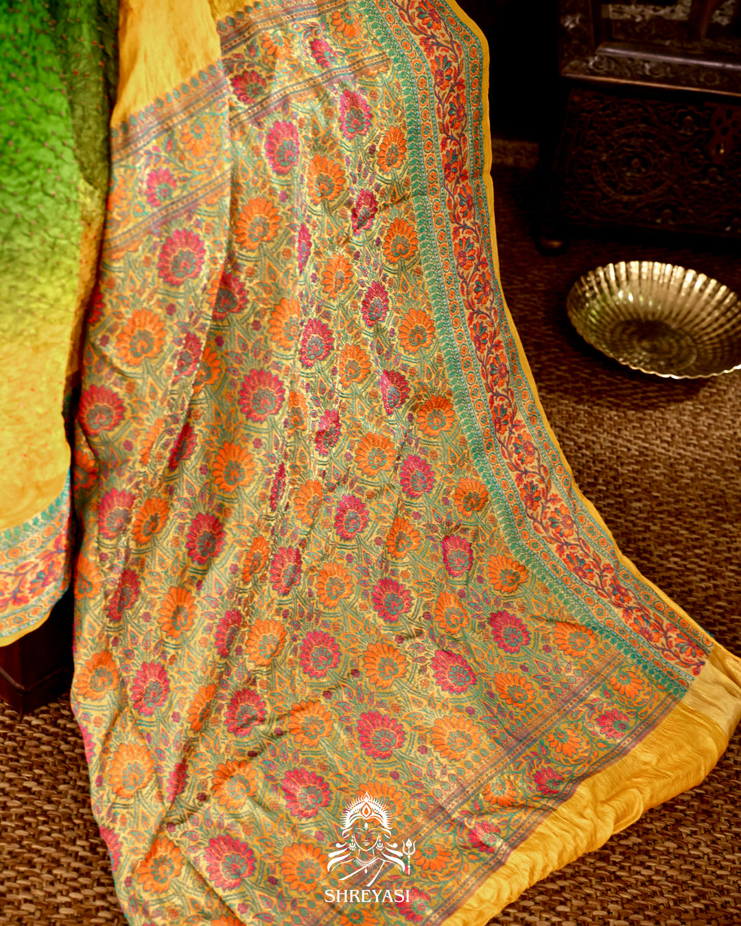 Hand Knotted Bandhej Tussar Silk Saree with Meenakari Weaving