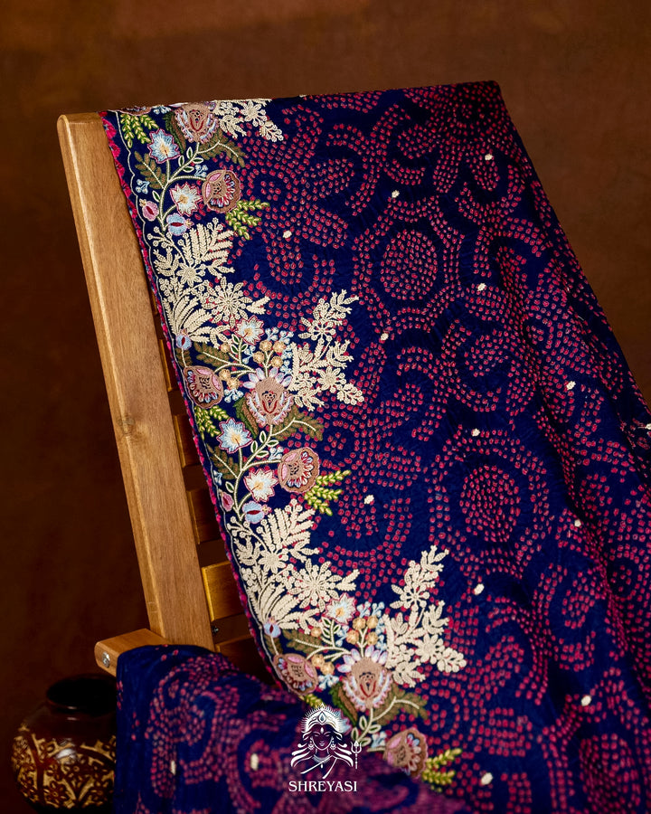 Handloom Pure Gaji Silk Bandhej Saree with Floral Embroidery