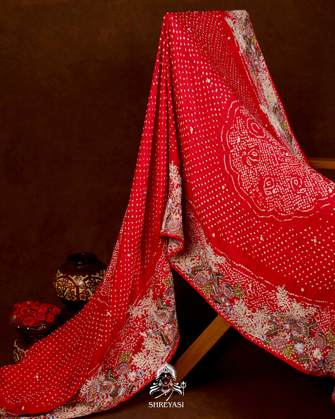Handloom Pure Gaji Silk Bandhej Saree with Floral Embroidery in Scarlet Red