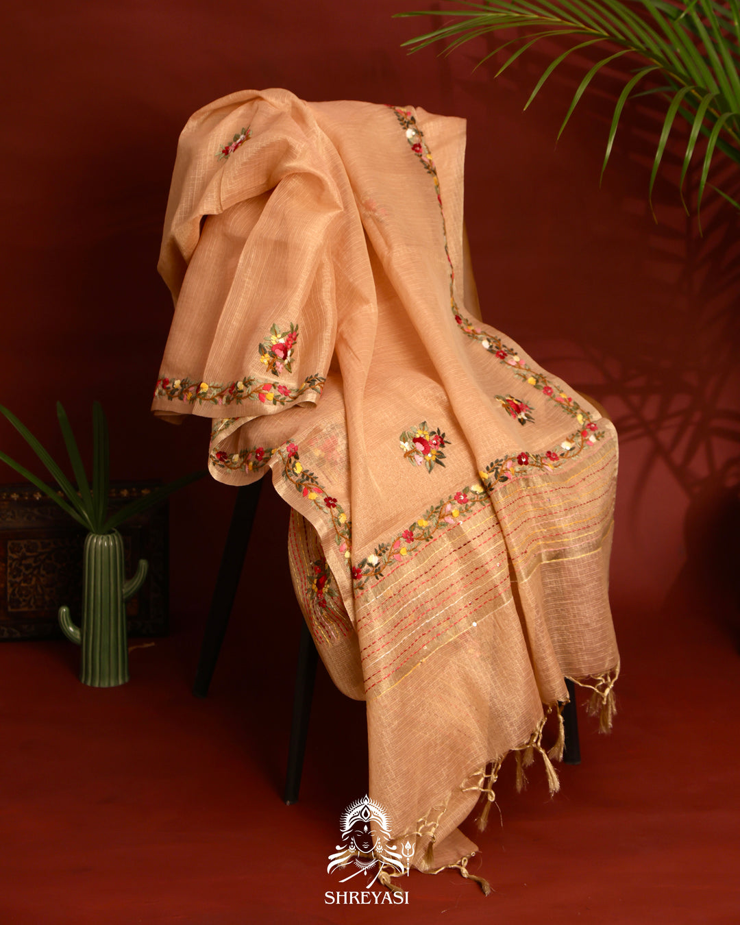 Tissue Linen Saree with Resham Floral Embroidery
